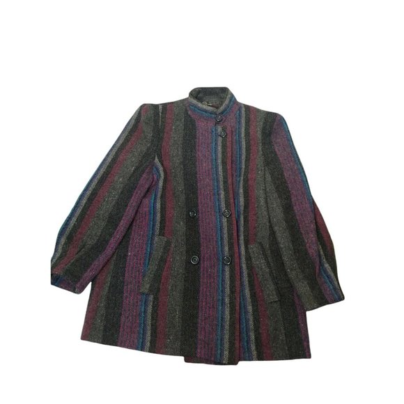 Vintage 1980s Womens 11 Winter Coat Wool Gray Purple Stripe Button Uruguay Mid - Picture 3 of 12